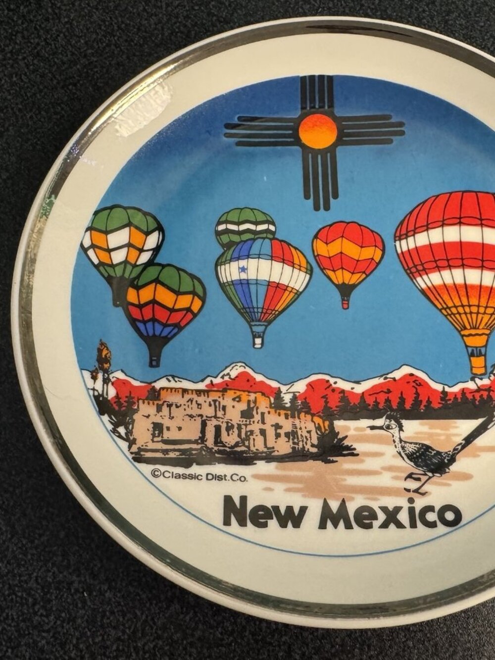 New Mexico Vintage Souvenir State Plate Silver Trim Hot Air Balloon Zia 7.25" - Picture 2 of 4
